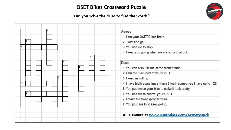 OSET Bikes Crossword Puzzle Can you solve the clues to find the words? All