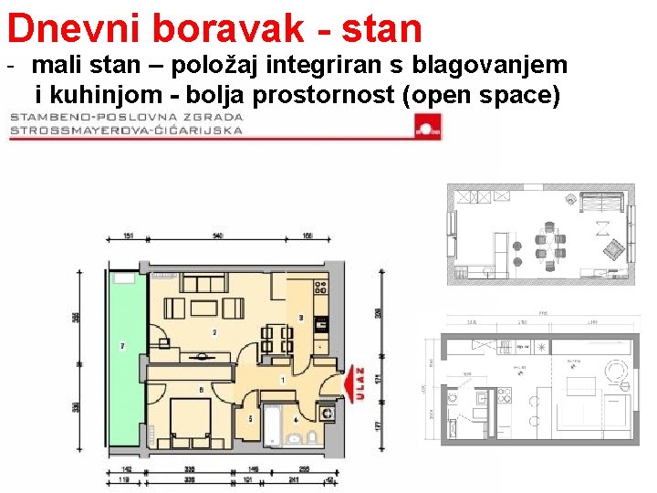 Dnevni boravak - stan - mali stan – položaj integriran s blagovanjem i kuhinjom