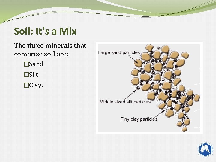 Soil: It’s a Mix The three minerals that comprise soil are: �Sand �Silt �Clay.