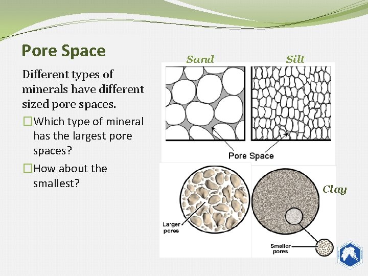 Pore Space Different types of minerals have different sized pore spaces. �Which type of