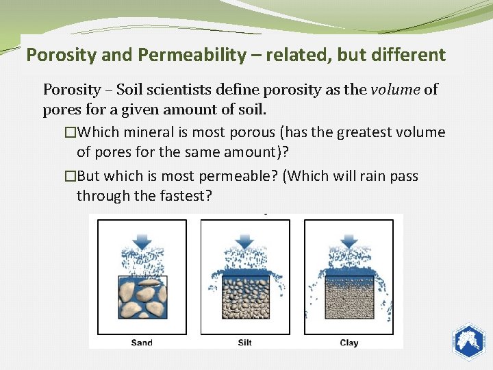 Porosity and Permeability – related, but different Porosity – Soil scientists define porosity as