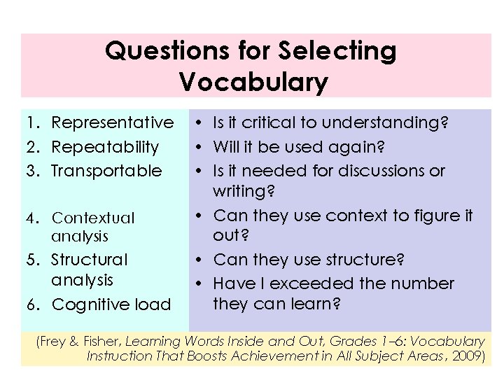 Questions for Selecting Vocabulary 1. Representative 2. Repeatability 3. Transportable 4. Contextual analysis 5.