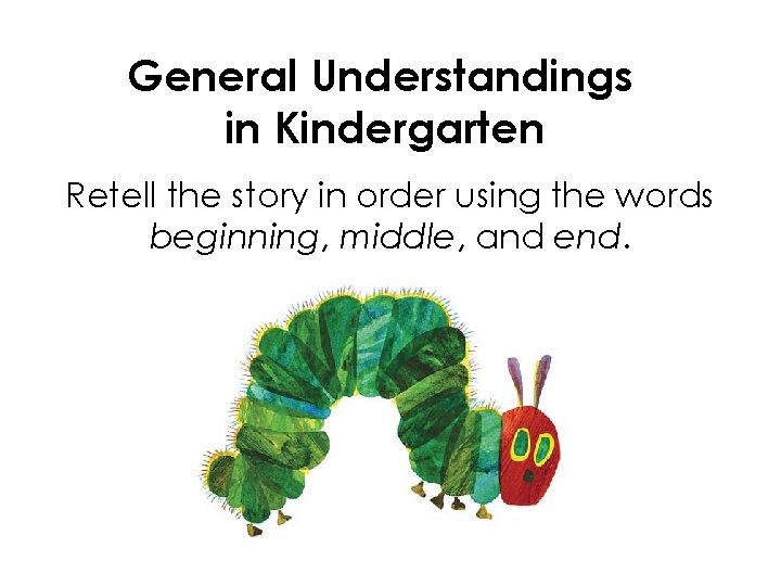 General Understandings in Kindergarten Retell the story in order using the words beginning, middle,