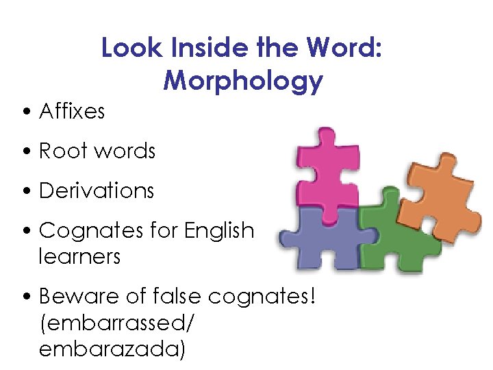 Look Inside the Word: Morphology • Affixes • Root words • Derivations • Cognates