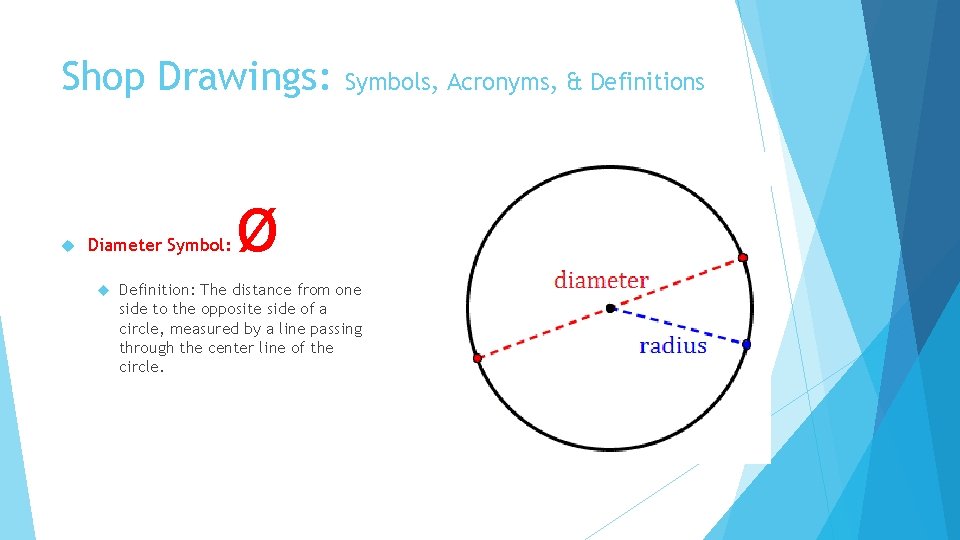 Shop Drawings: Diameter Symbol: Symbols, Acronyms, & Definitions ø Definition: The distance from one