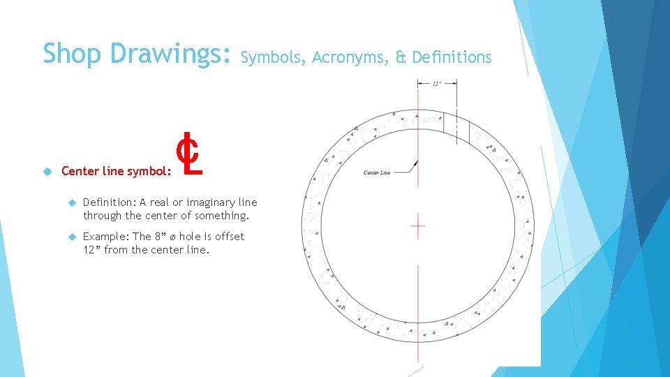 Shop Drawings: Center line symbol: Symbols, Acronyms, & Definitions ℄ Definition: A real or