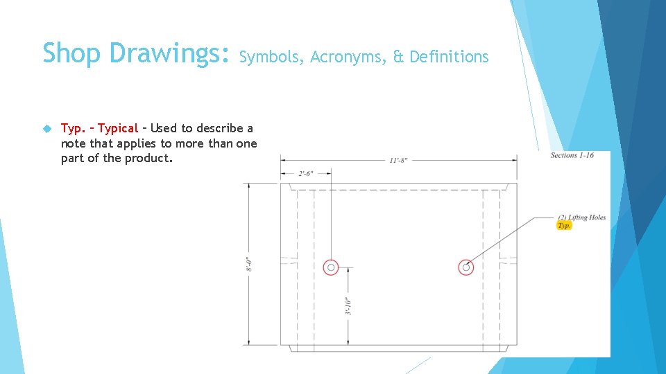 Shop Drawings: Symbols, Acronyms, & Definitions Typ. – Typical – Used to describe a