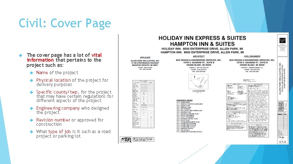 Civil: Cover Page The cover page has a lot of vital information that pertains