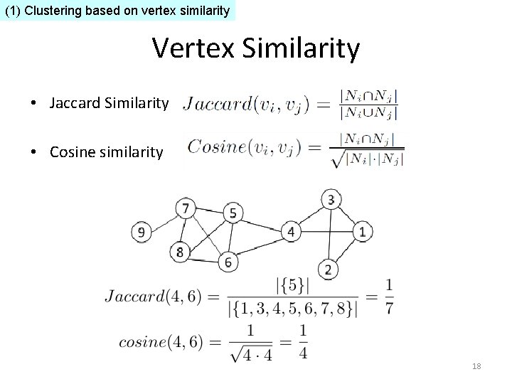 (1) Clustering based on vertex similarity Vertex Similarity • Jaccard Similarity • Cosine similarity (1) Clustering based on vertex similarity Vertex Similarity • Jaccard Similarity • Cosine similarity