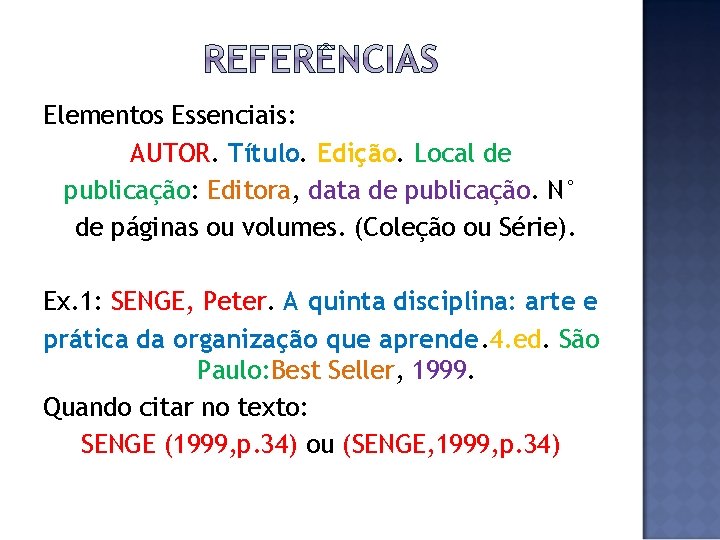 Elementos Essenciais: AUTOR. Título. Edição. Local de publicação: Editora, data de publicação. N° de