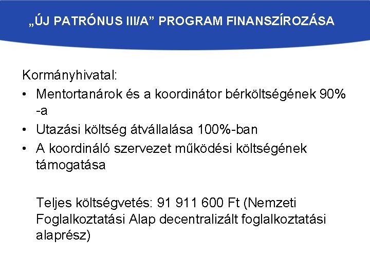 „ÚJ PATRÓNUS III/A” PROGRAM FINANSZÍROZÁSA Kormányhivatal: • Mentortanárok és a koordinátor bérköltségének 90% -a „ÚJ PATRÓNUS III/A” PROGRAM FINANSZÍROZÁSA Kormányhivatal: • Mentortanárok és a koordinátor bérköltségének 90% -a