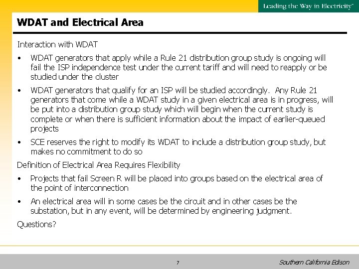 WDAT and Electrical Area Interaction with WDAT • WDAT generators that apply while a