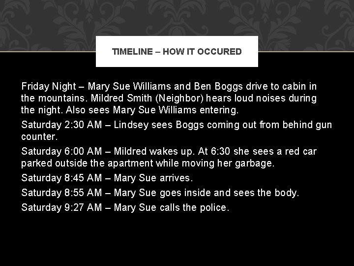 TIMELINE – HOW IT OCCURED Friday Night – Mary Sue Williams and Ben Boggs