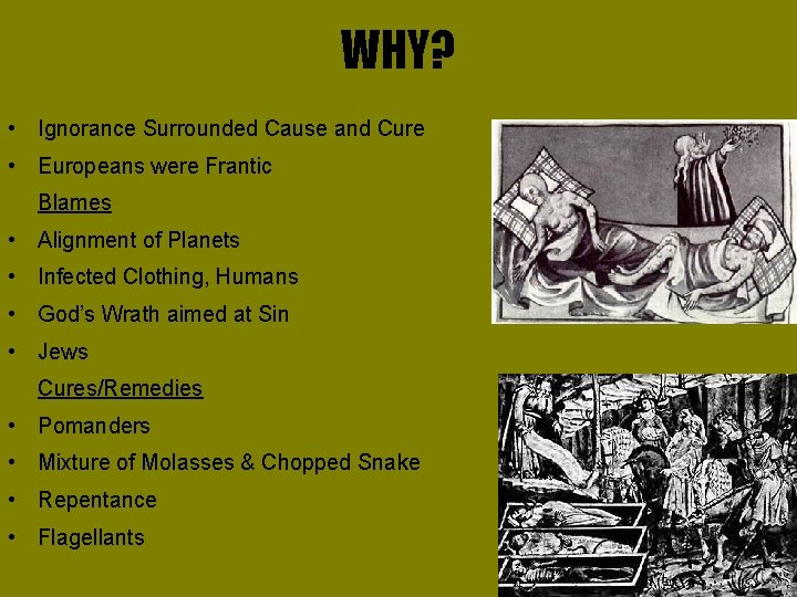 WHY? • Ignorance Surrounded Cause and Cure • Europeans were Frantic Blames • Alignment