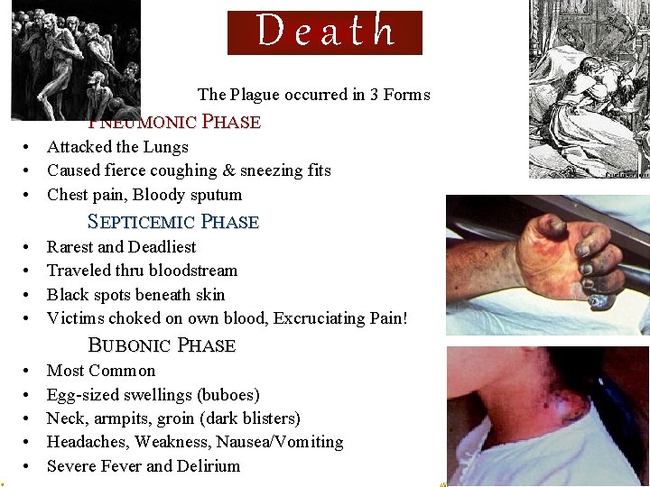 Death The Plague occurred in 3 Forms PNEUMONIC PHASE • • Attacked the Lungs