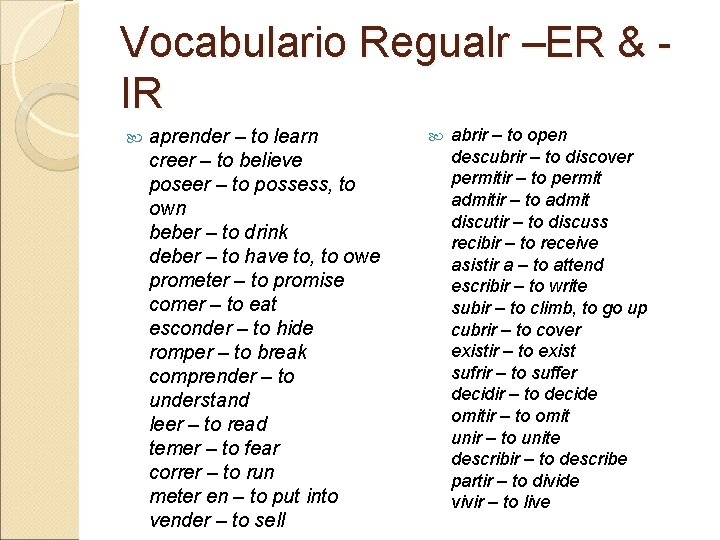 Vocabulario Regualr –ER & IR aprender – to learn creer – to believe poseer