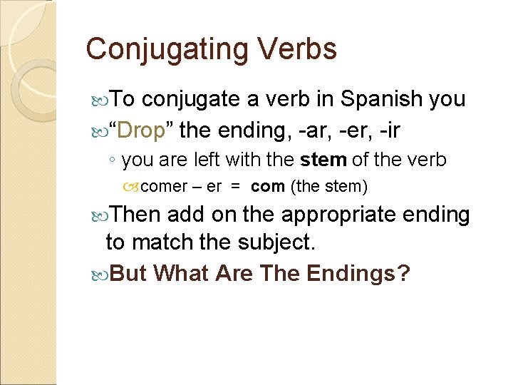 Conjugating Verbs To conjugate a verb in Spanish you “Drop” the ending, -ar, -er,