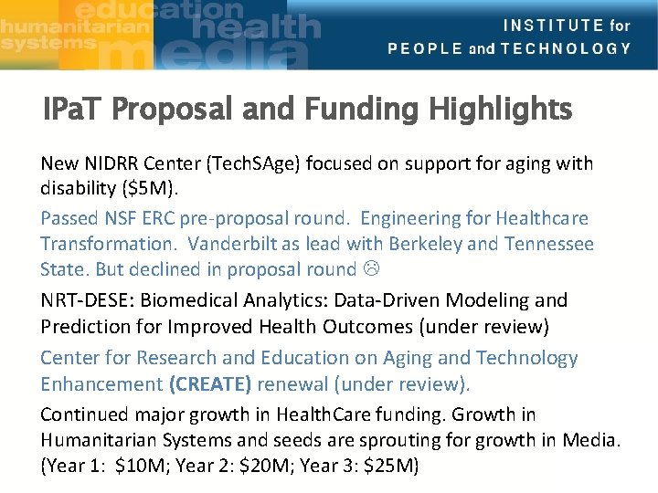 IPa. T Proposal and Funding Highlights New NIDRR Center (Tech. SAge) focused on support