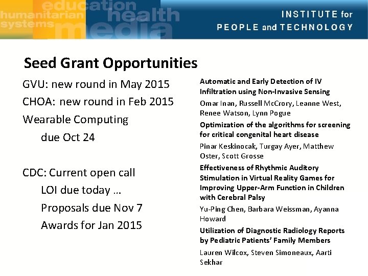 Seed Grant Opportunities GVU: new round in May 2015 CHOA: new round in Feb