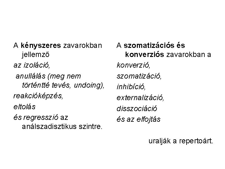 A kényszeres zavarokban jellemző az izoláció, anullálás (meg nem történtté tevés, undoing), reakcióképzés, eltolás