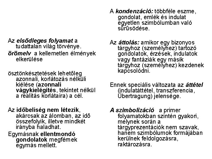 A kondenzáció: többféle eszme, gondolat, emlék és indulat egyetlen szimbólumban való sűrűsödése. Az elsődleges