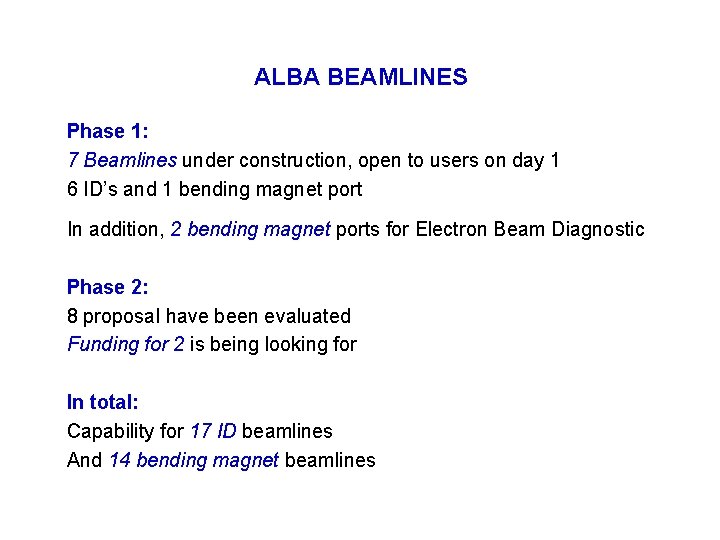 February 2010 ALBA BEAMLINES Phase 1: 7 Beamlines under construction, open to users on