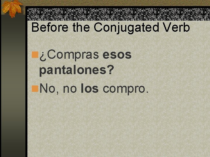 Before the Conjugated Verb n¿Compras esos pantalones? n. No, no los compro. 