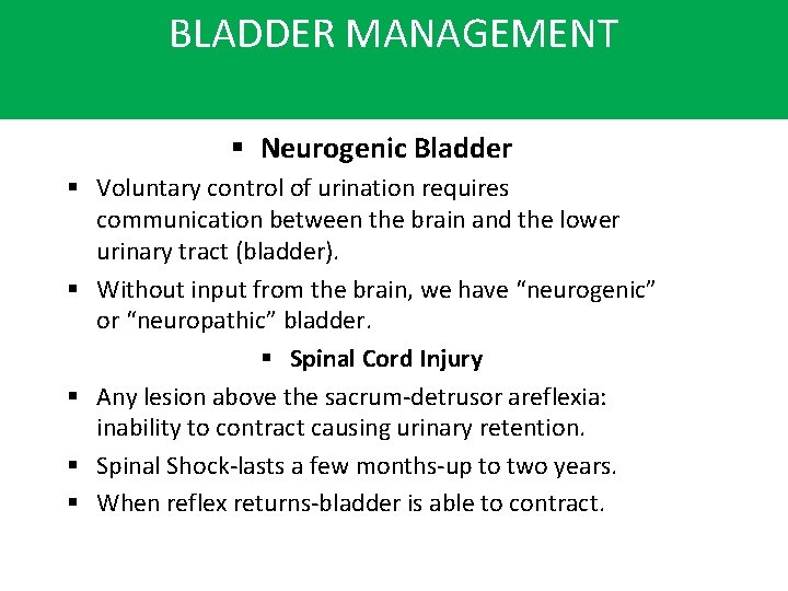 BLADDER MANAGEMENT § Neurogenic Bladder § Voluntary control of urination requires communication between the