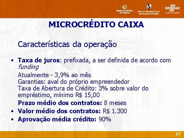 MICROCRÉDITO CAIXA Características da operação • Taxa de juros: prefixada, a ser definida de