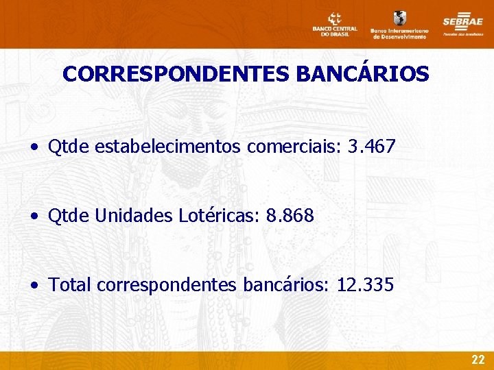 CORRESPONDENTES BANCÁRIOS • Qtde estabelecimentos comerciais: 3. 467 • Qtde Unidades Lotéricas: 8. 868