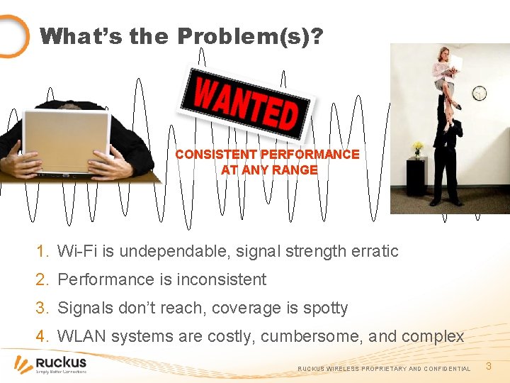 What’s the Problem(s)? CONSISTENT PERFORMANCE AT ANY RANGE 1. Wi-Fi is undependable, signal strength