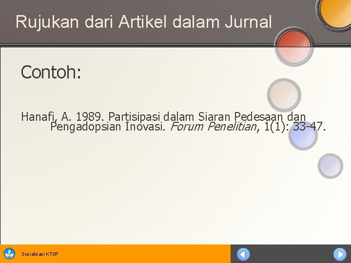 Rujukan dari Artikel dalam Jurnal Contoh: Hanafi, A. 1989. Partisipasi dalam Siaran Pedesaan dan