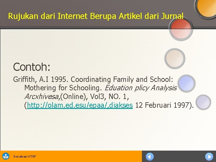 Rujukan dari Internet Berupa Artikel dari Jurnal Contoh: Griffith, A. I 1995. Coordinating Family