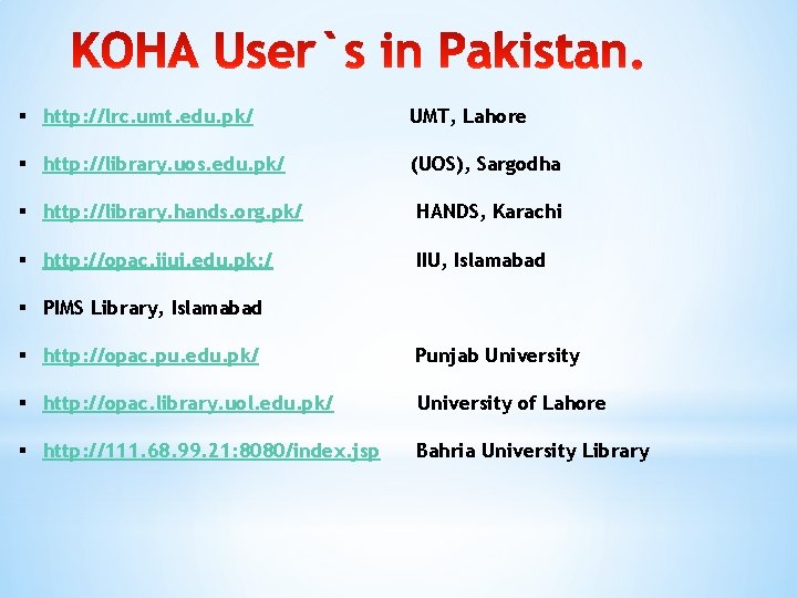 § http: //lrc. umt. edu. pk/ UMT, Lahore § http: //library. uos. edu. pk/