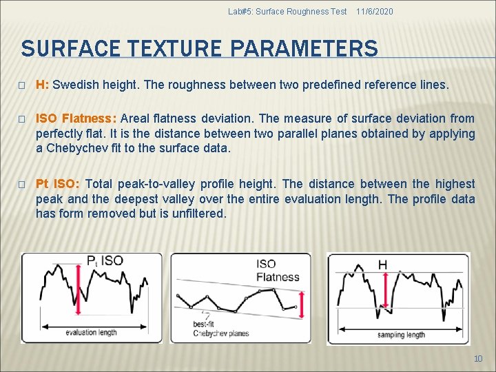 Lab#5: Surface Roughness Test 11/6/2020 SURFACE TEXTURE PARAMETERS � H: Swedish height. The roughness