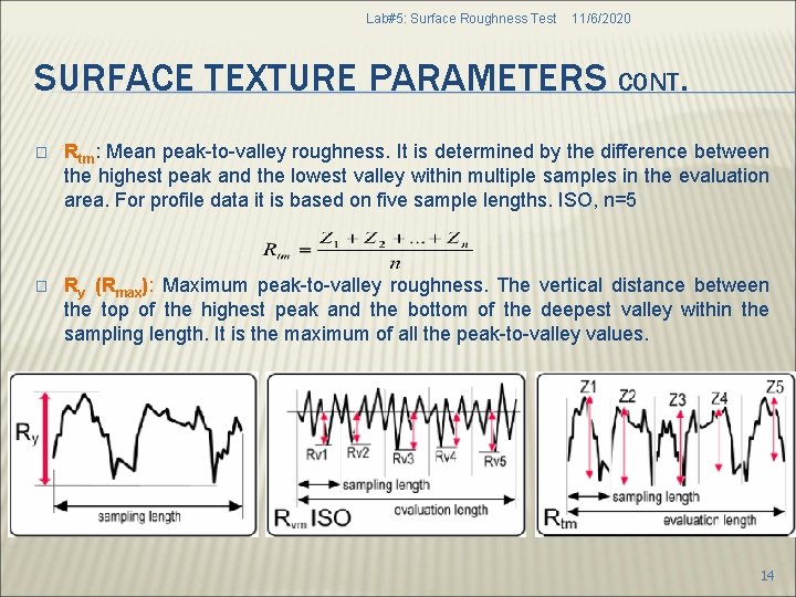 Lab#5: Surface Roughness Test 11/6/2020 SURFACE TEXTURE PARAMETERS CONT. � Rtm: Mean peak-to-valley roughness.