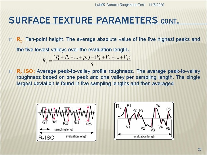 Lab#5: Surface Roughness Test 11/6/2020 SURFACE TEXTURE PARAMETERS CONT. � Rz: Ten-point height. The