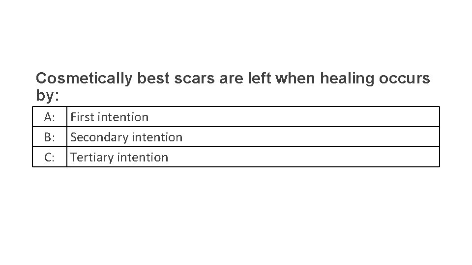 Cosmetically best scars are left when healing occurs by: A: B: C: First intention