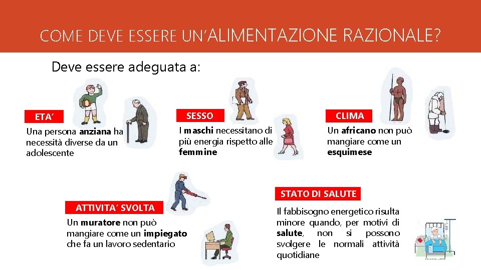 COME DEVE ESSERE UN’ALIMENTAZIONE RAZIONALE? Deve essere adeguata a: SESSO ETA’ Una persona anziana