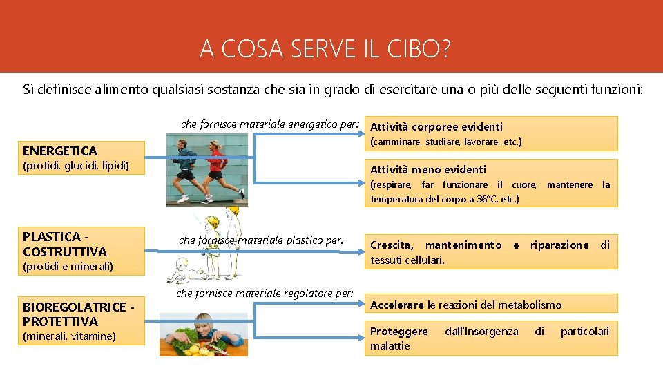 A COSA SERVE IL CIBO? Si definisce alimento qualsiasi sostanza che sia in grado