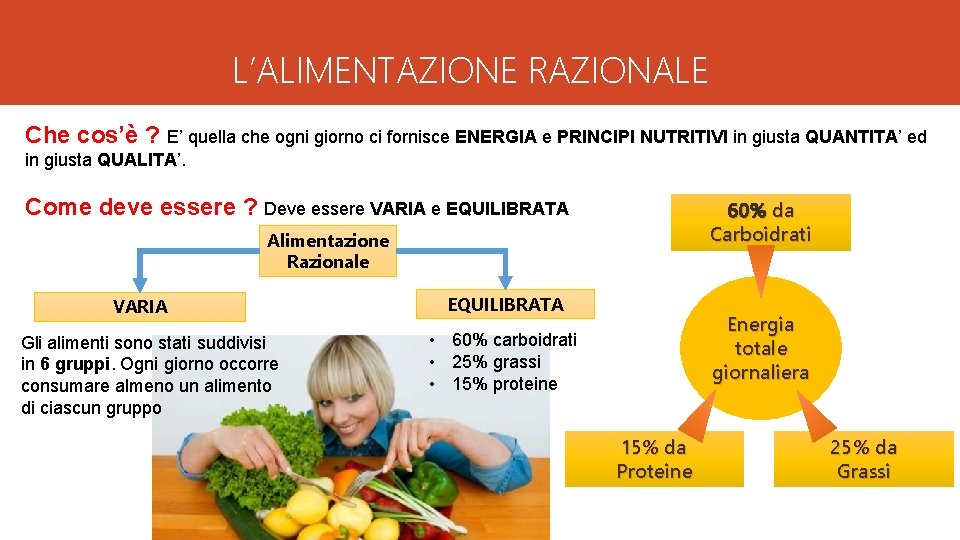 L’ALIMENTAZIONE RAZIONALE Che cos’è ? E’ quella che ogni giorno ci fornisce ENERGIA e