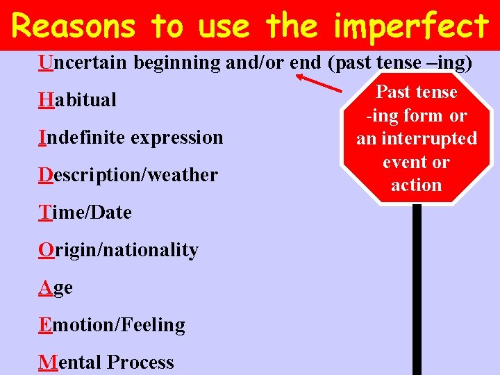 Reasons to use the imperfect Uncertain beginning and/or end (past tense –ing) Habitual Indefinite