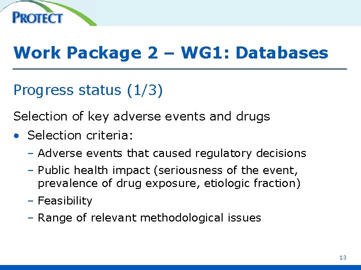 Work Package 2 – WG 1: Databases Progress status (1/3) Selection of key adverse