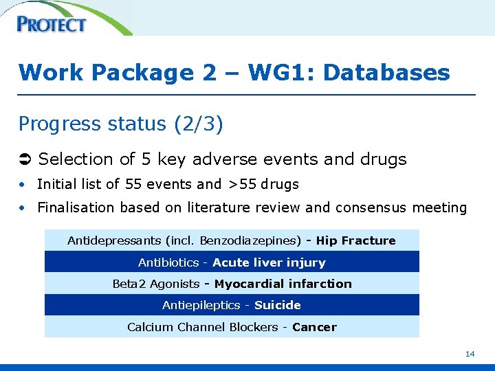 Work Package 2 – WG 1: Databases Progress status (2/3) Selection of 5 key