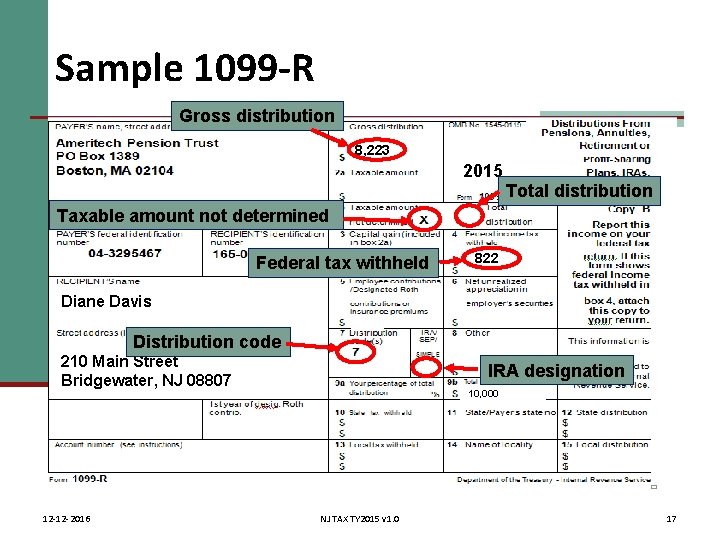 Sample 1099 -R Gross distribution 8, 223 2015 Total distribution Taxable amount not determined