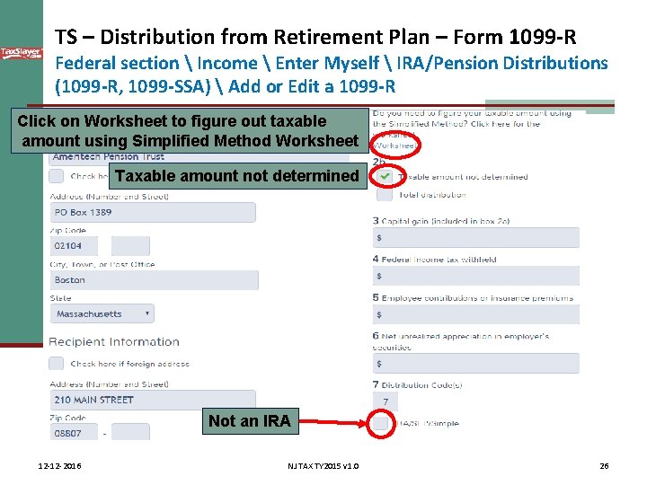 TS – Distribution from Retirement Plan – Form 1099 -R Federal section  Income