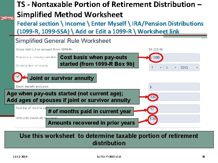 TS - Nontaxable Portion of Retirement Distribution – Simplified Method Worksheet Federal section 