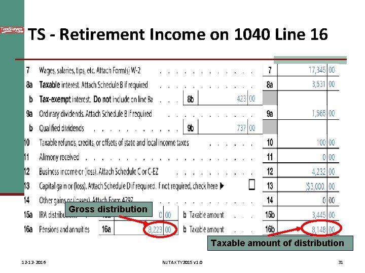 TS - Retirement Income on 1040 Line 16 Gross distribution Taxable amount of distribution