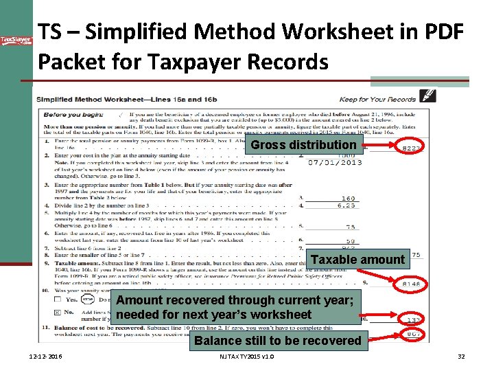 TS – Simplified Method Worksheet in PDF Packet for Taxpayer Records Gross distribution Taxable
