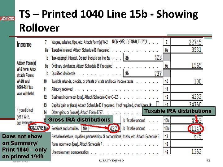 TS – Printed 1040 Line 15 b - Showing Rollover Taxable IRA distributions Gross